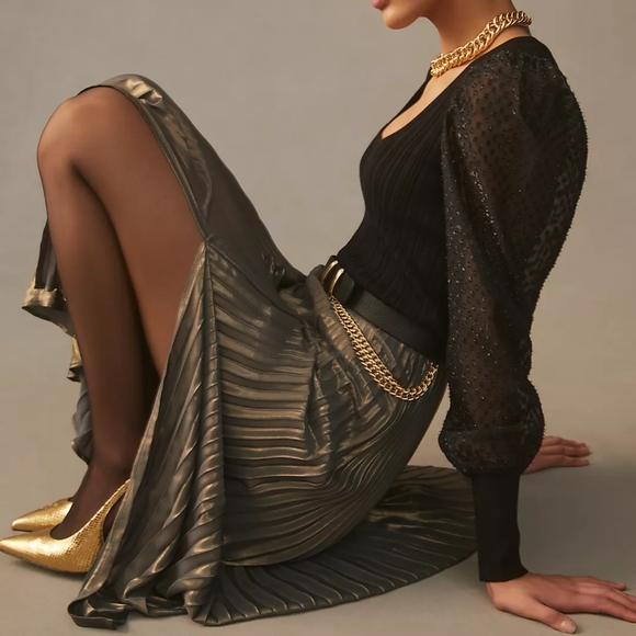 Anthropologie Ribbed Knit Scoop Neck Sheer Shimmer Puff Sleeve Sweater Black S - Picture 10 of 10